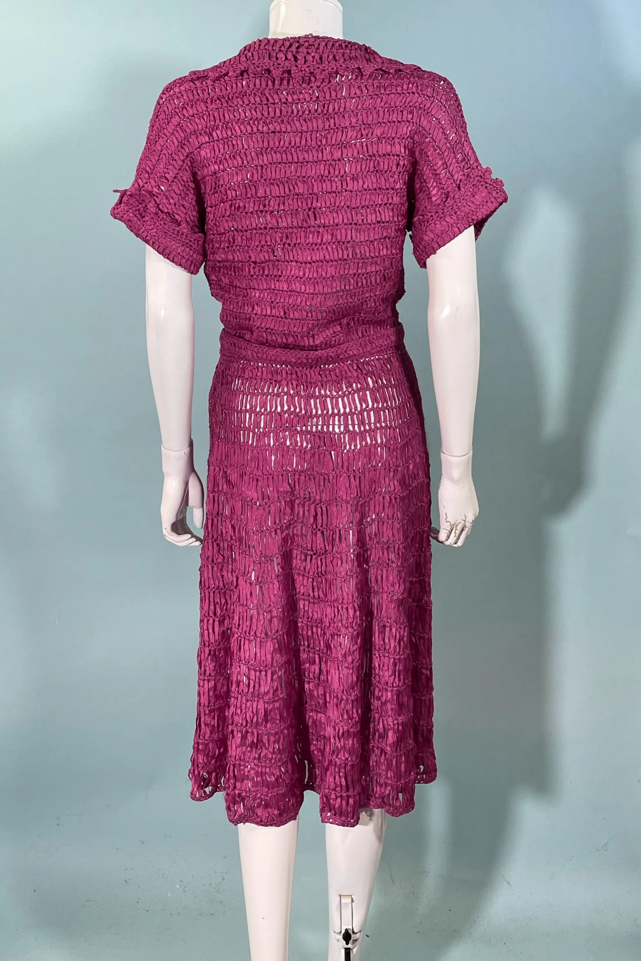 Vintage 40s Cranberry Red Ribbon Dress   Belt, Crochet/Knit Ribbon Dress S