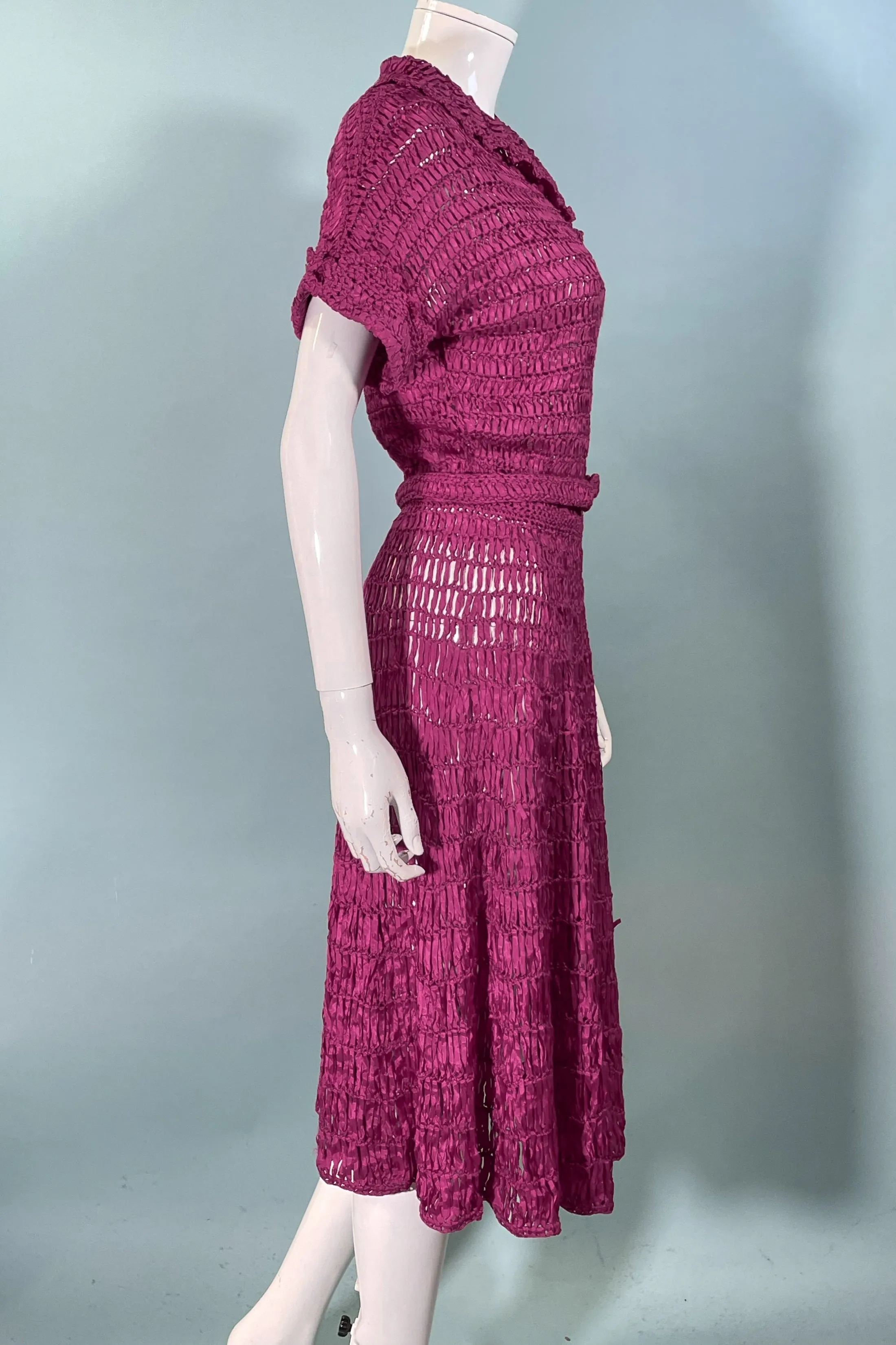 Vintage 40s Cranberry Red Ribbon Dress   Belt, Crochet/Knit Ribbon Dress S
