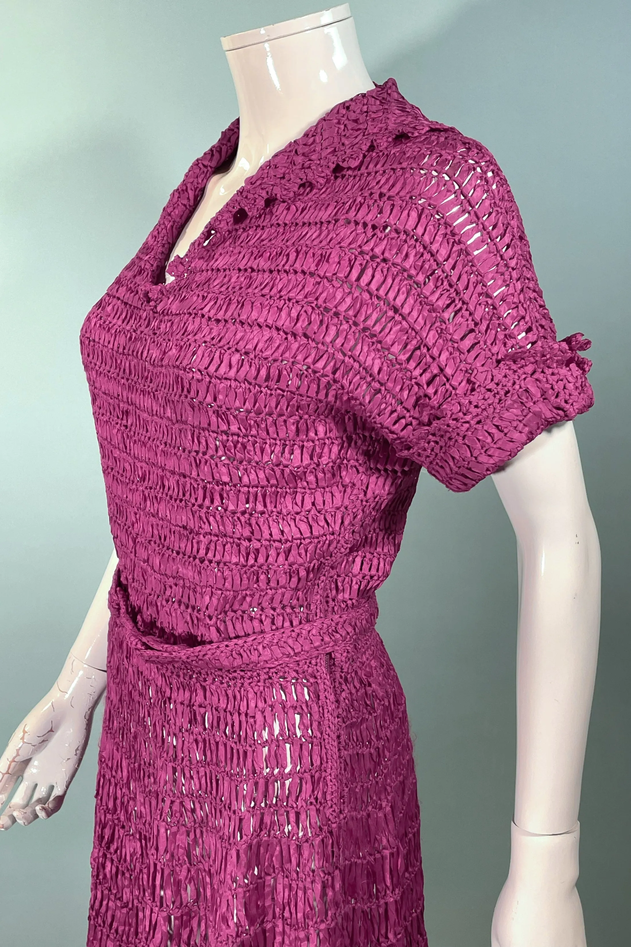 Vintage 40s Cranberry Red Ribbon Dress   Belt, Crochet/Knit Ribbon Dress S