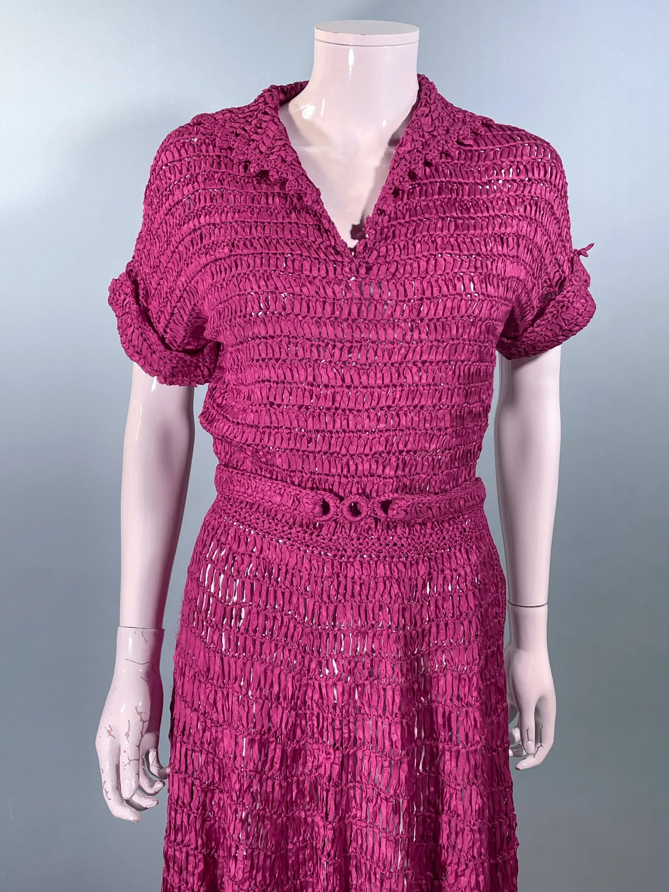 Vintage 40s Cranberry Red Ribbon Dress   Belt, Crochet/Knit Ribbon Dress S