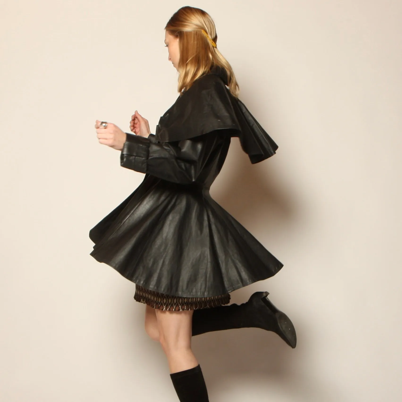 Vintage 80's Avant-Garde Leather Cape Dress Coat