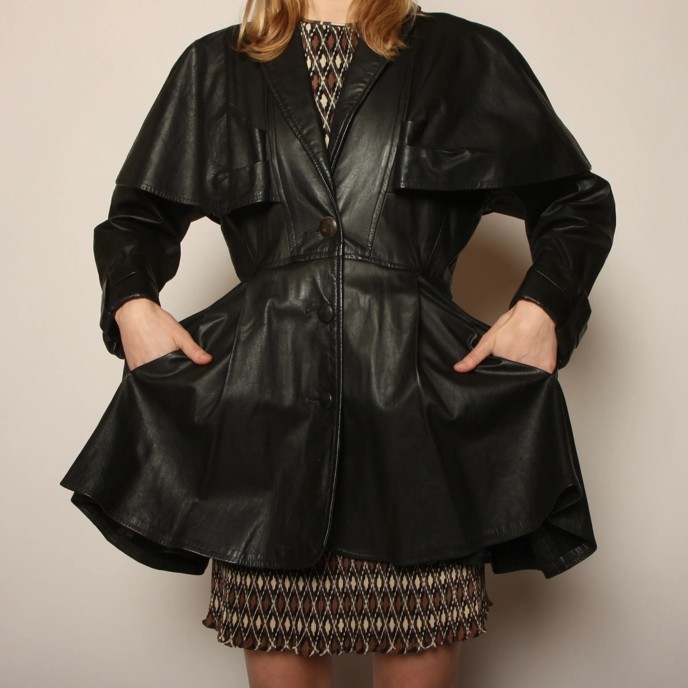 Vintage 80's Avant-Garde Leather Cape Dress Coat
