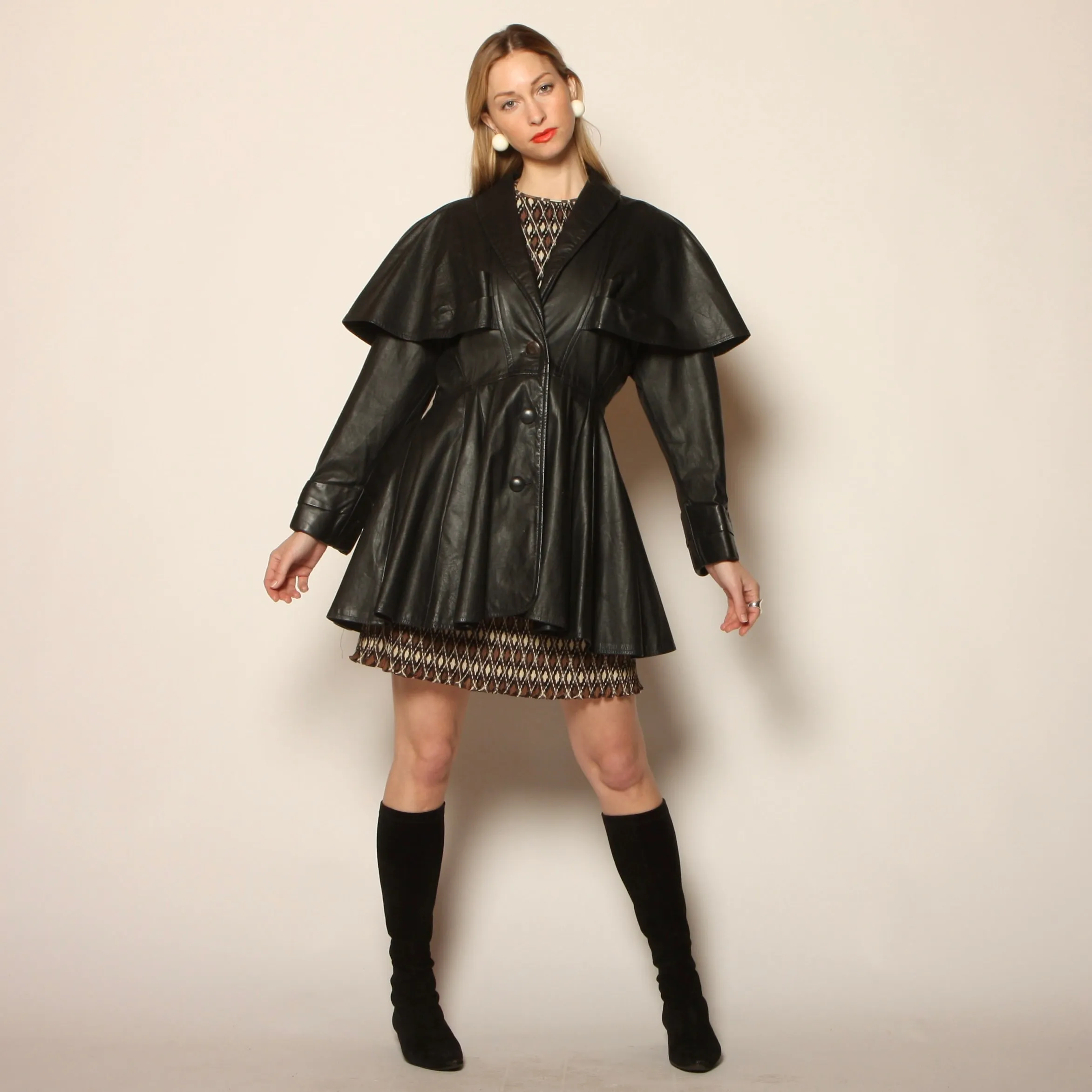 Vintage 80's Avant-Garde Leather Cape Dress Coat