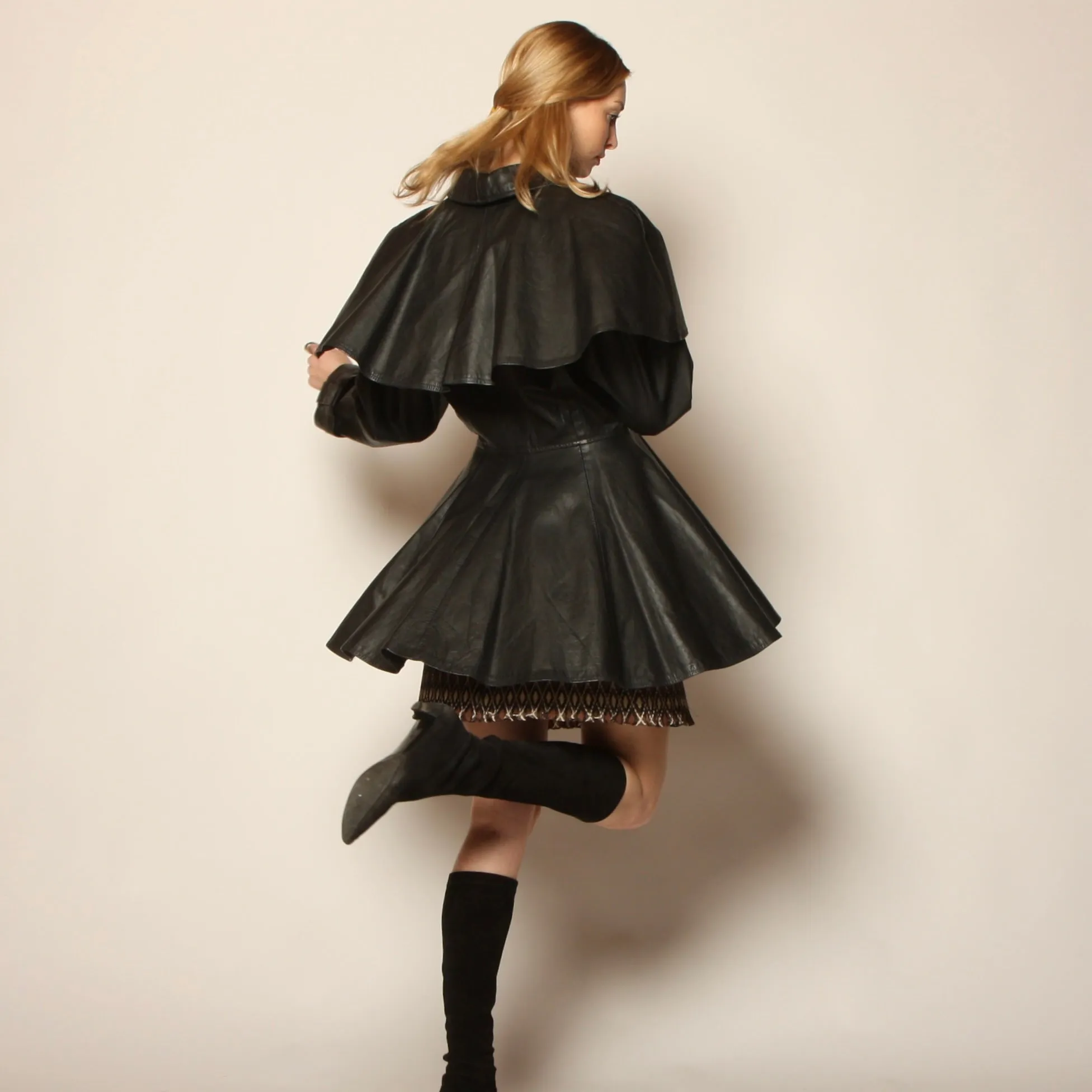 Vintage 80's Avant-Garde Leather Cape Dress Coat