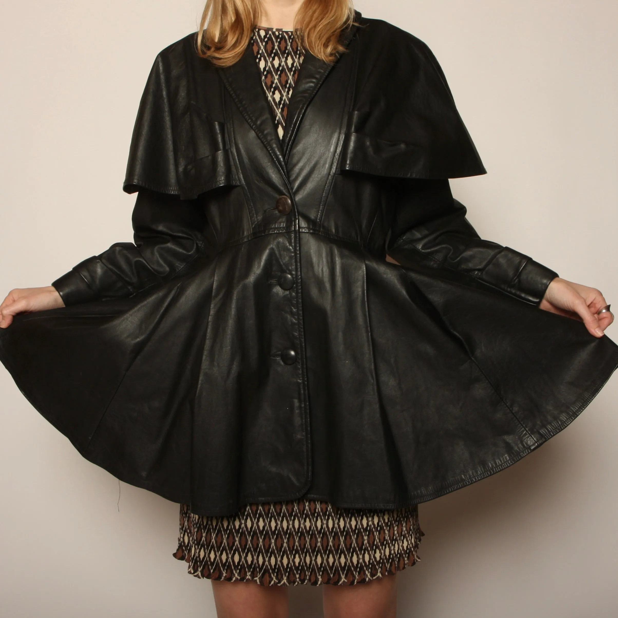 Vintage 80's Avant-Garde Leather Cape Dress Coat