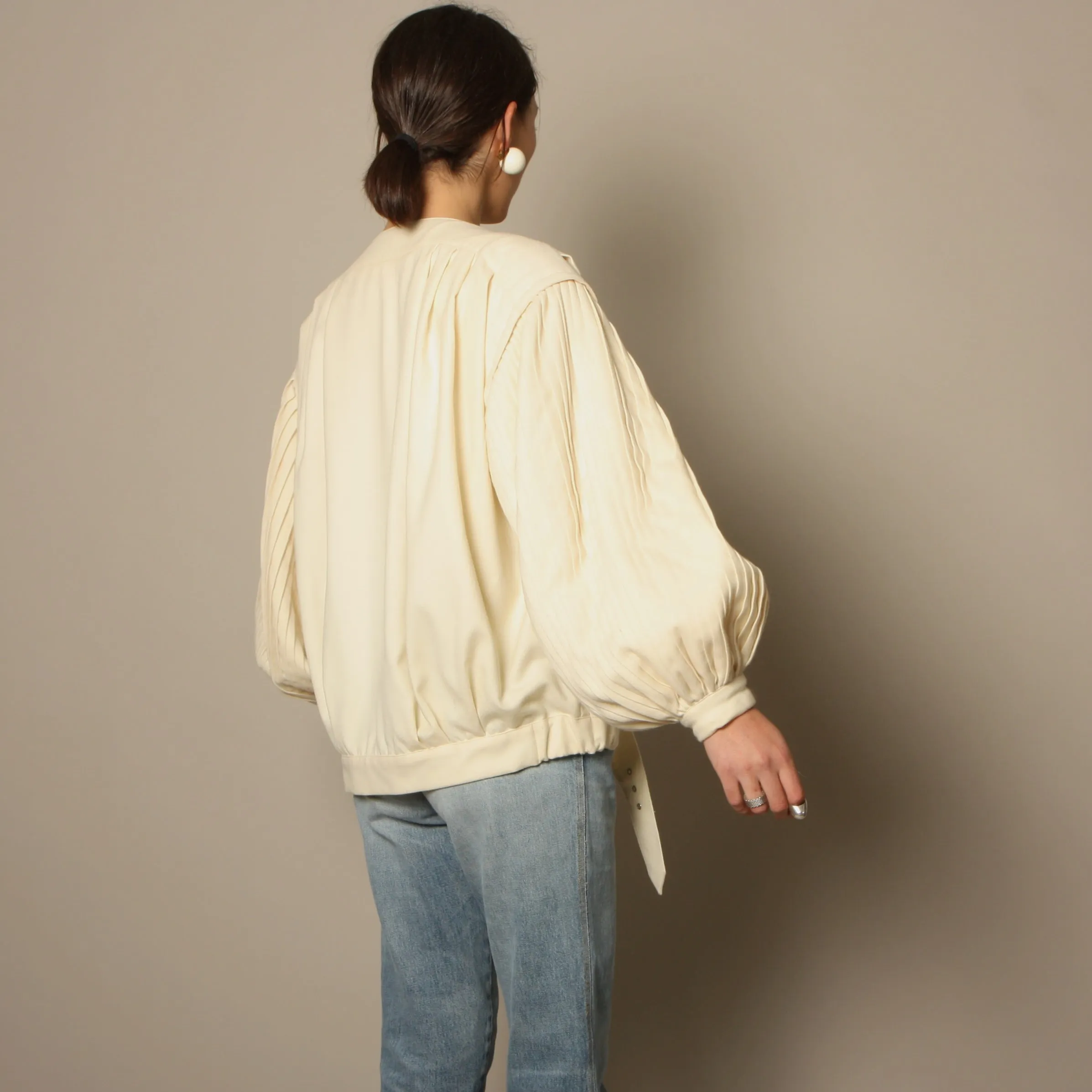 Vintage 80's Cream Pleated Wool Balloon Sleeve Bomber