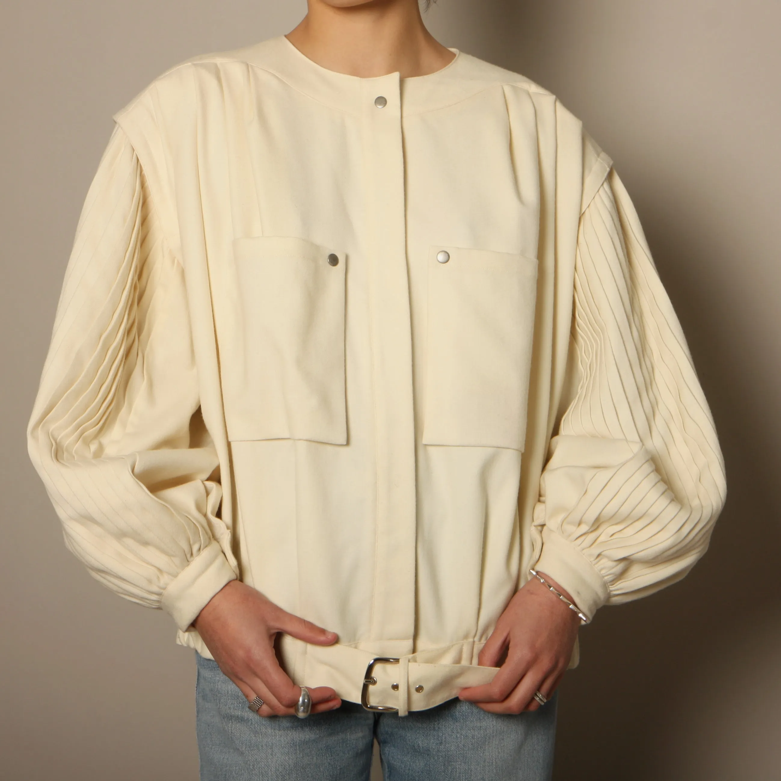 Vintage 80's Cream Pleated Wool Balloon Sleeve Bomber