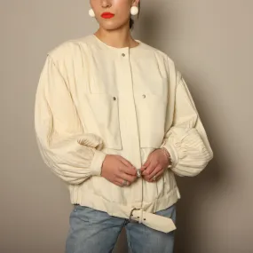 Vintage 80's Cream Pleated Wool Balloon Sleeve Bomber