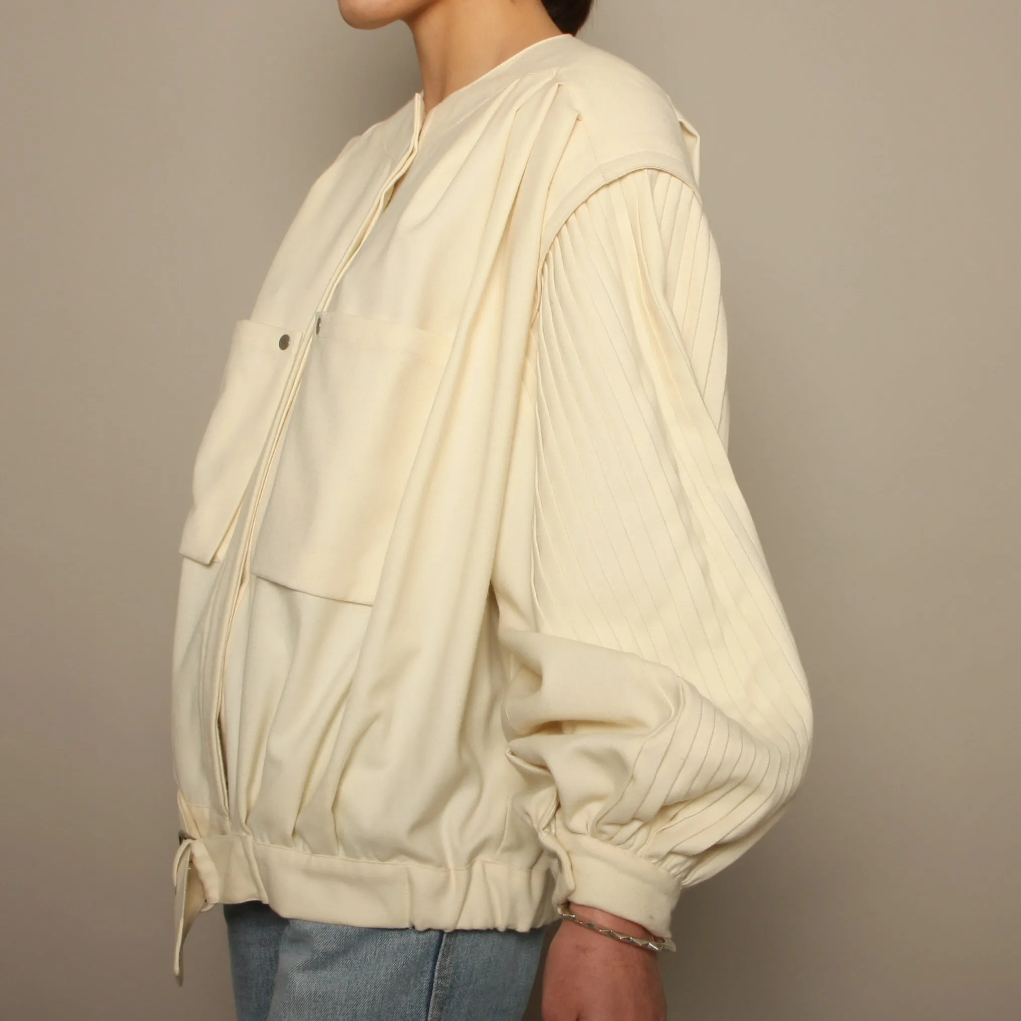 Vintage 80's Cream Pleated Wool Balloon Sleeve Bomber