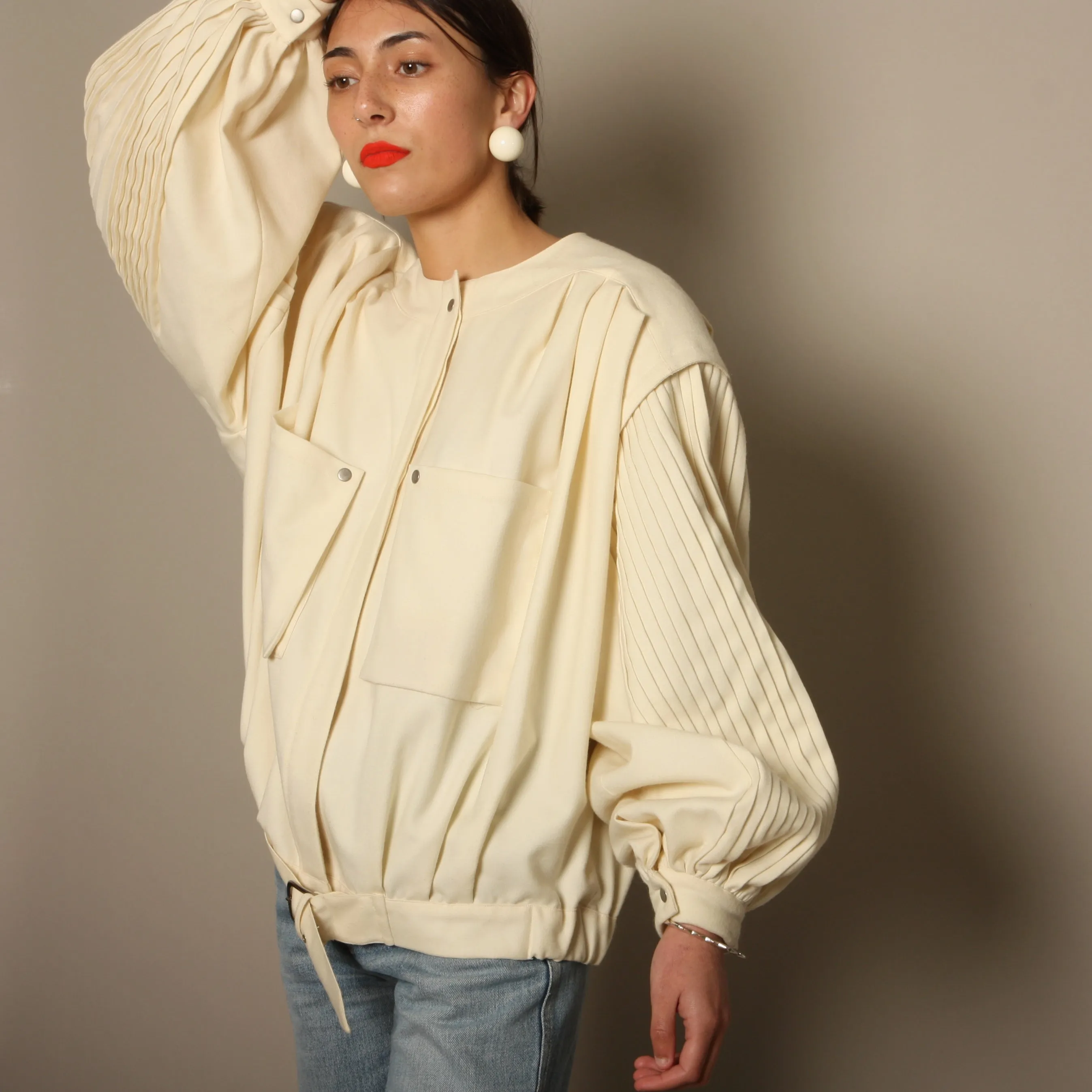 Vintage 80's Cream Pleated Wool Balloon Sleeve Bomber
