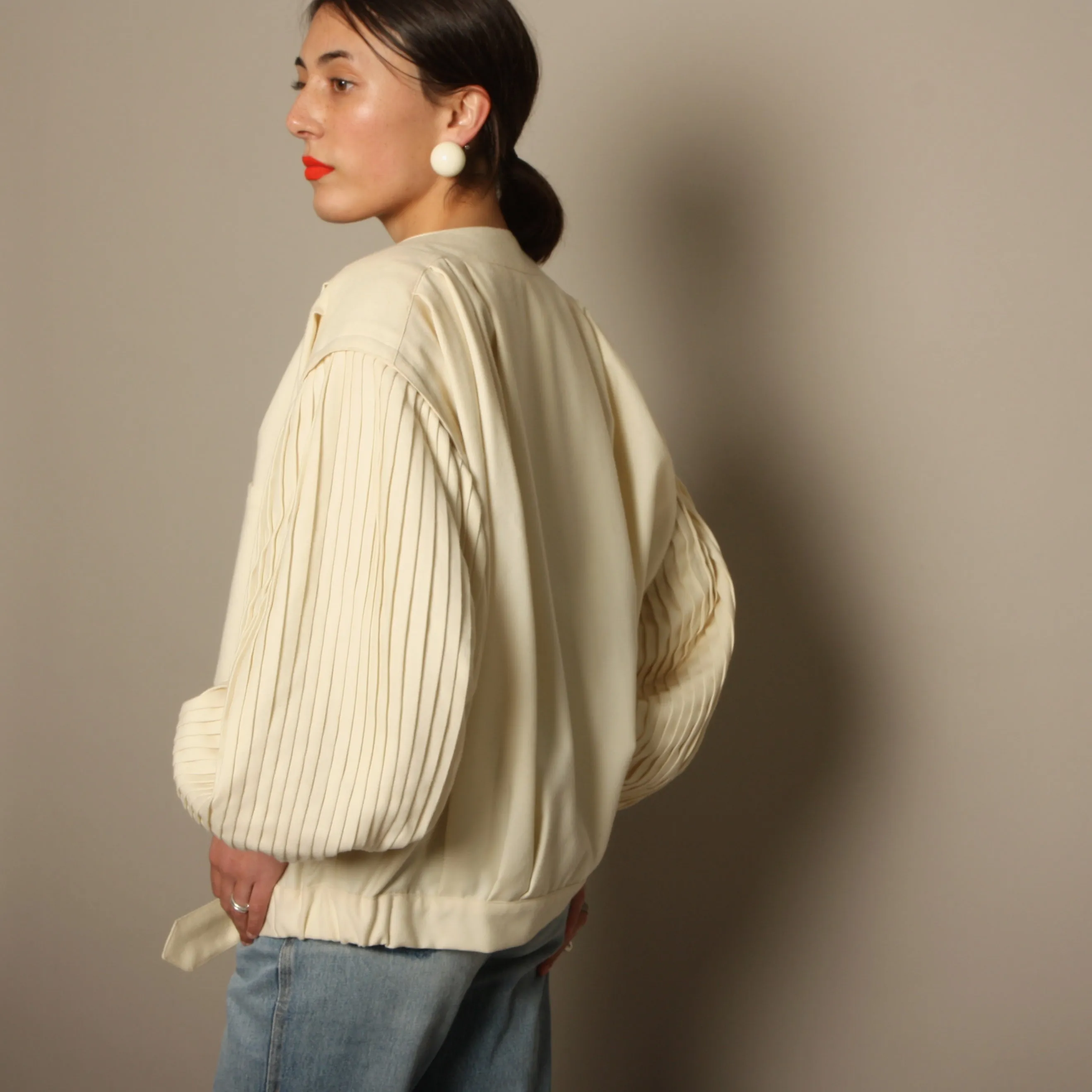 Vintage 80's Cream Pleated Wool Balloon Sleeve Bomber