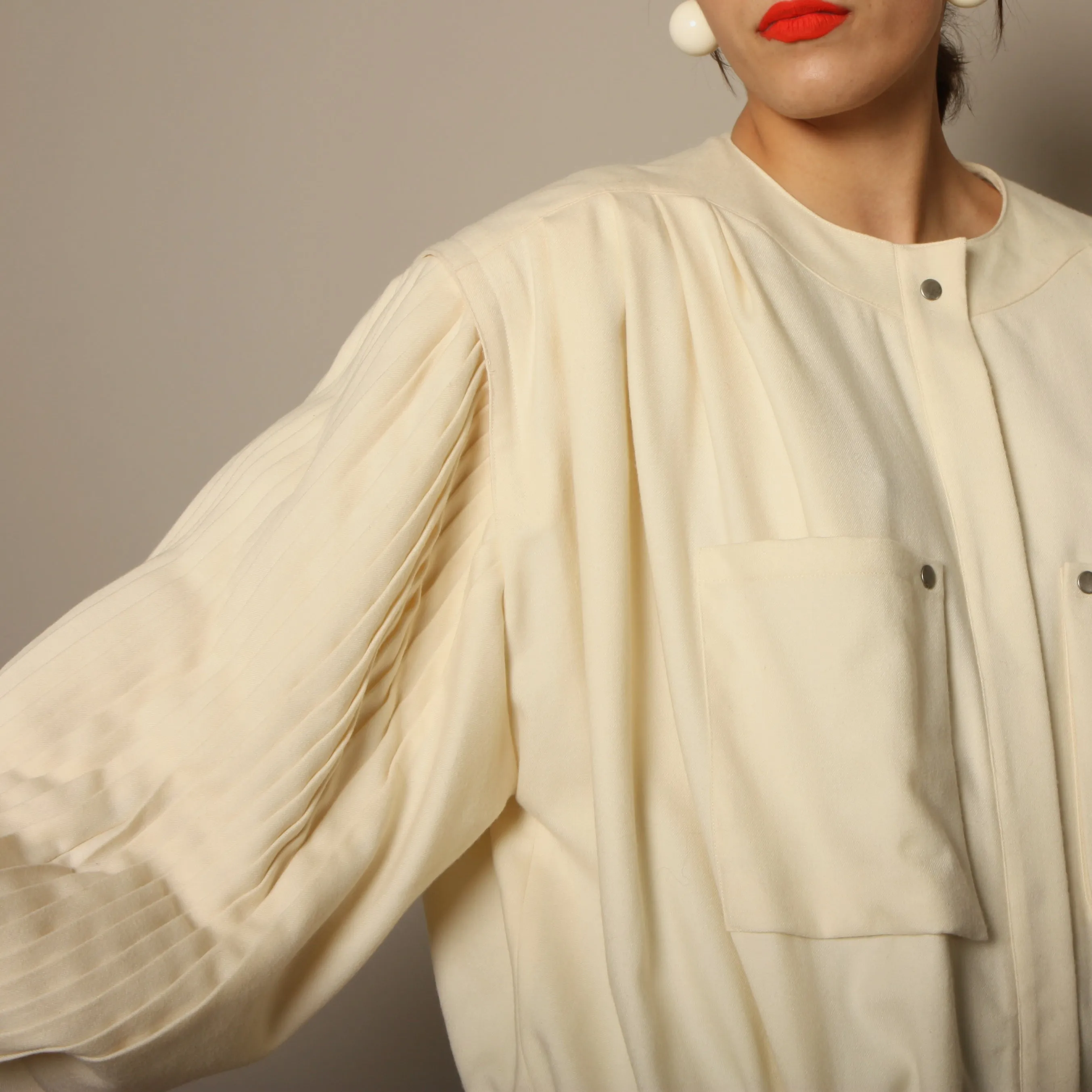 Vintage 80's Cream Pleated Wool Balloon Sleeve Bomber
