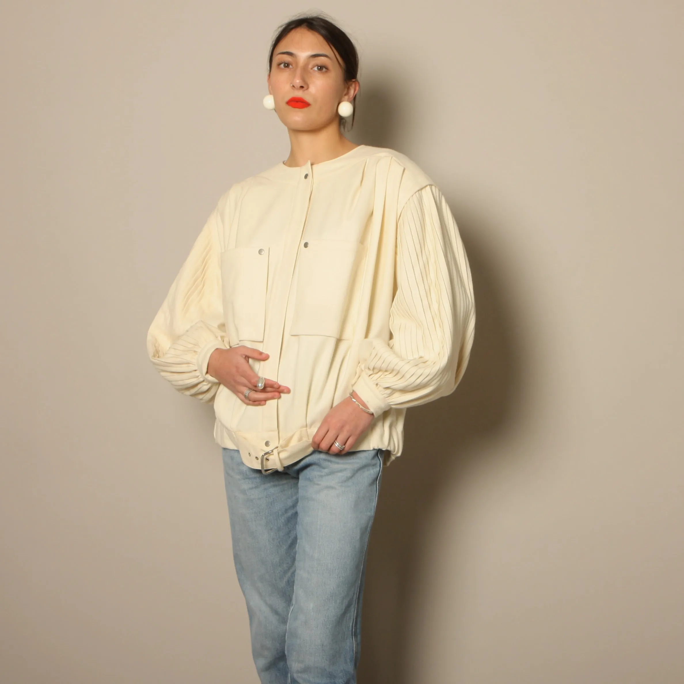 Vintage 80's Cream Pleated Wool Balloon Sleeve Bomber