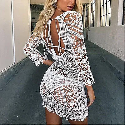 White Crochet Dress Open Back Swimsuit Cover See Thru Tassel Tie Three Quarter Sleeve Backless Mini One Size