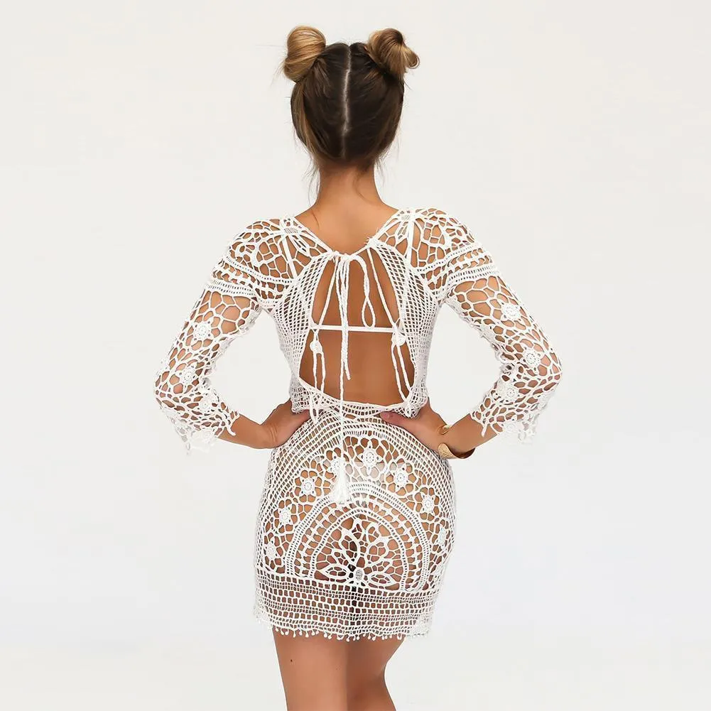 White Crochet Dress Open Back Swimsuit Cover See Thru Tassel Tie Three Quarter Sleeve Backless Mini One Size