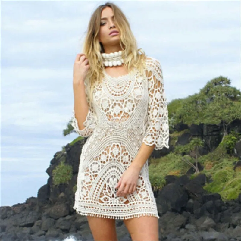 White Crochet Dress Open Back Swimsuit Cover See Thru Tassel Tie Three Quarter Sleeve Backless Mini One Size