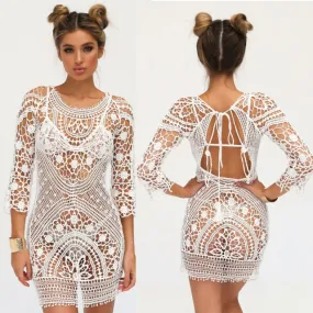 White Crochet Dress Open Back Swimsuit Cover See Thru Tassel Tie Three Quarter Sleeve Backless Mini One Size