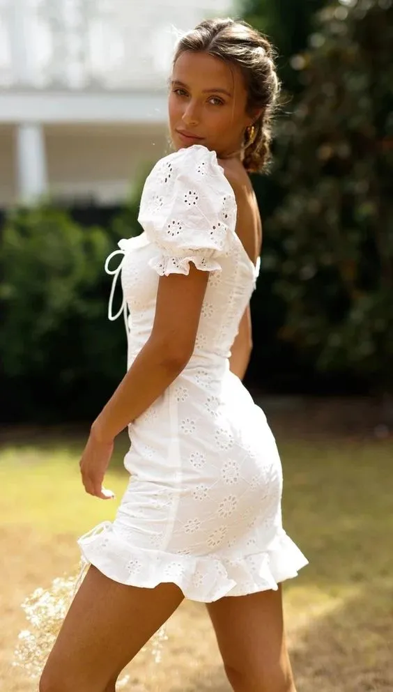 White Eyelet Lace Puff Sleeve Mini Dress Lace Up Square Scoop Neck Ruffle Hem Double Drawstrings For A Perfect Fit Available In Sizes Small Medium Large Or XL
