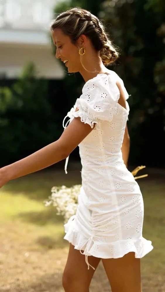 White Eyelet Lace Puff Sleeve Mini Dress Lace Up Square Scoop Neck Ruffle Hem Double Drawstrings For A Perfect Fit Available In Sizes Small Medium Large Or XL