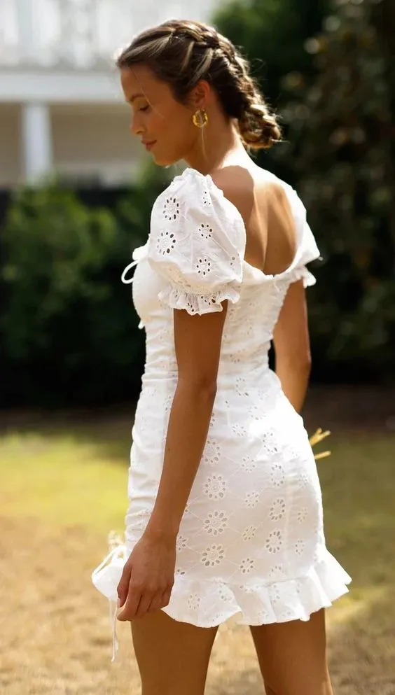 White Eyelet Lace Puff Sleeve Mini Dress Lace Up Square Scoop Neck Ruffle Hem Double Drawstrings For A Perfect Fit Available In Sizes Small Medium Large Or XL