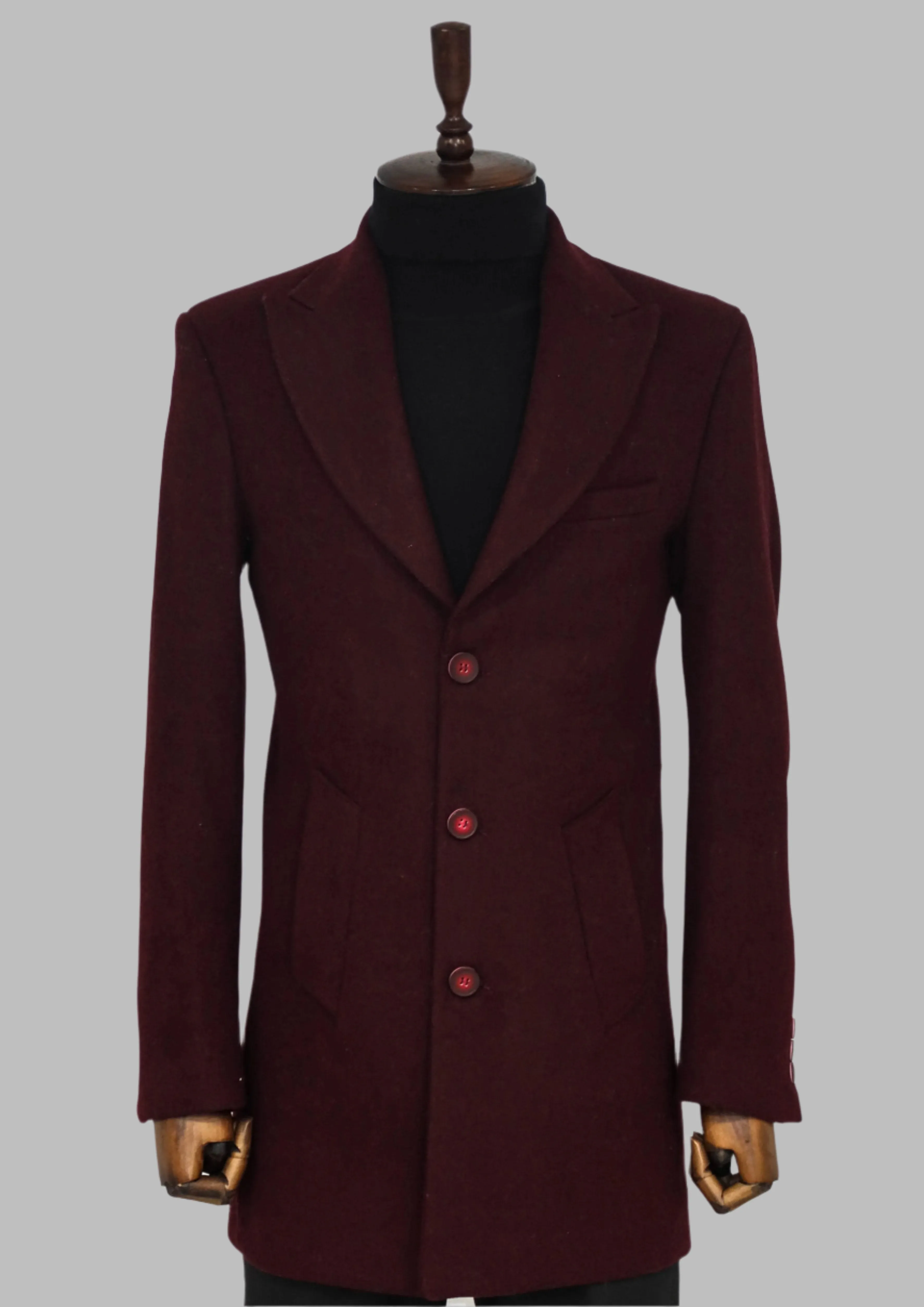 Wide Lapel Wool Burgundy Men Coat - Wessi