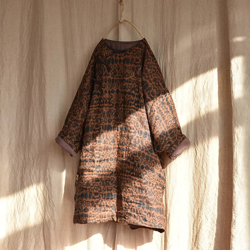 Women Ethnic Flower Linen Padded Long Coat