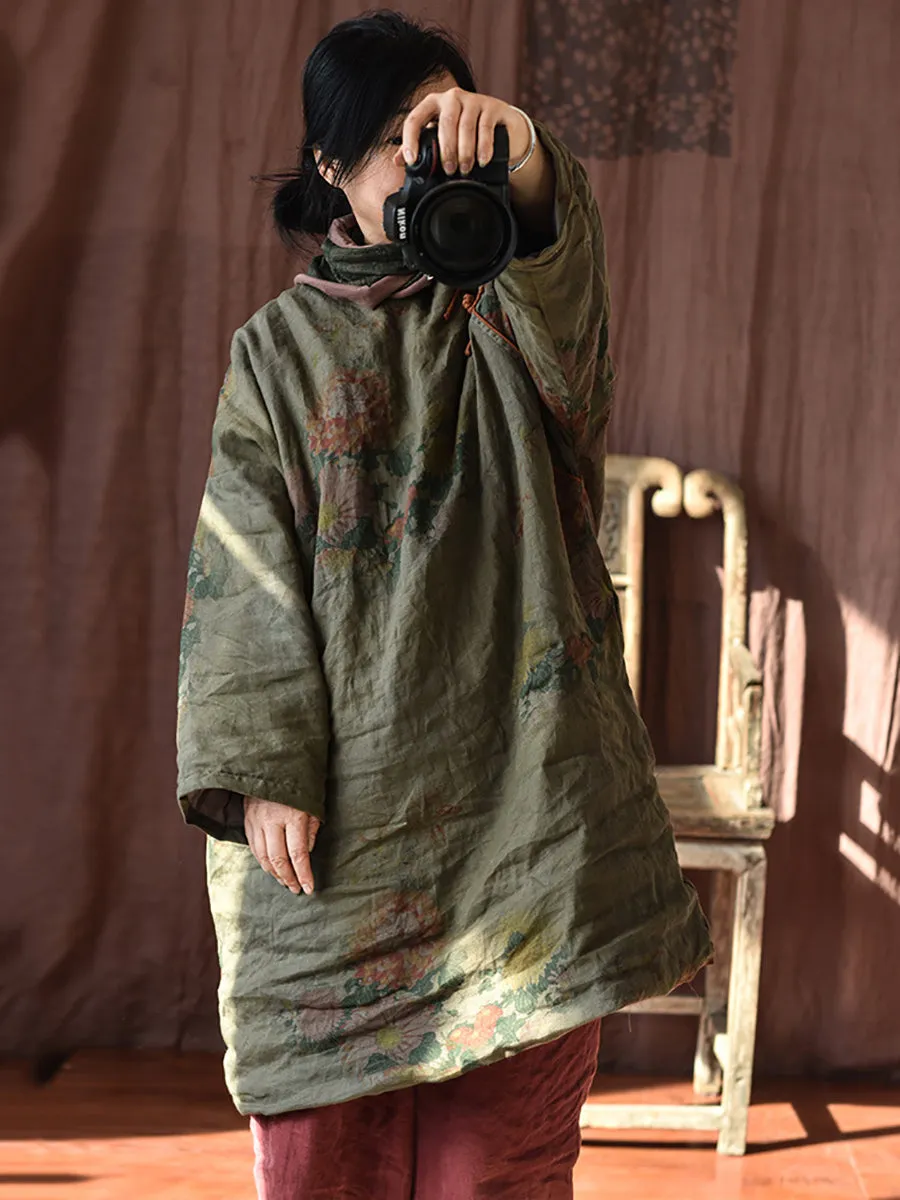Women Ethnic Flower Linen Padded Long Coat