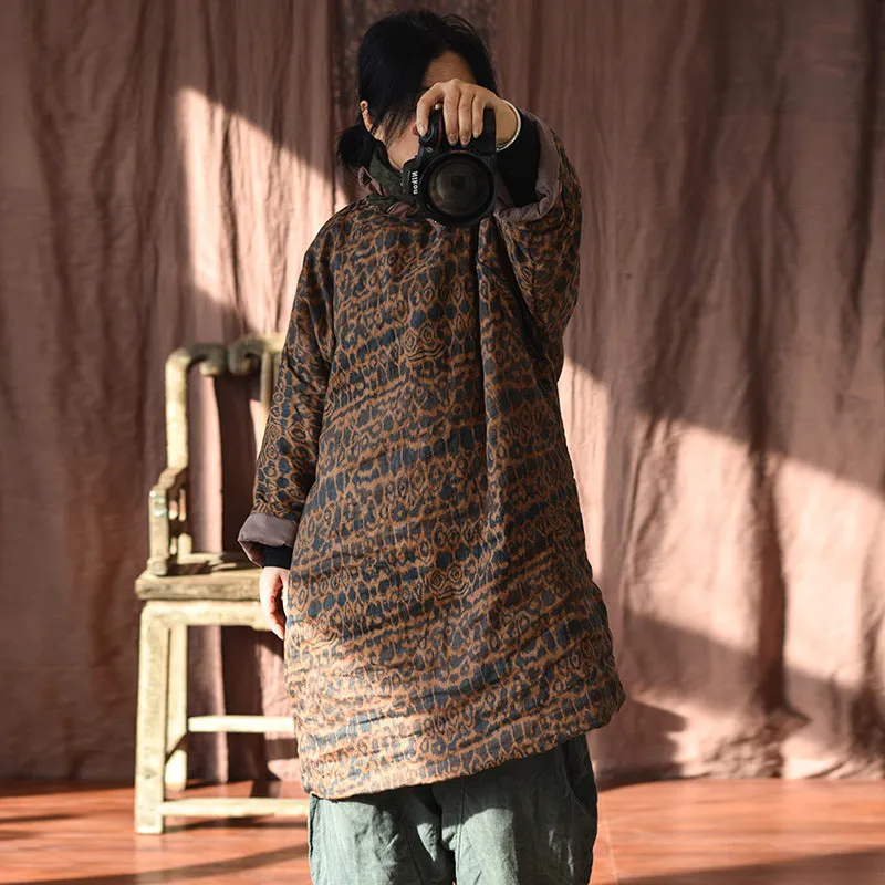Women Ethnic Flower Linen Padded Long Coat