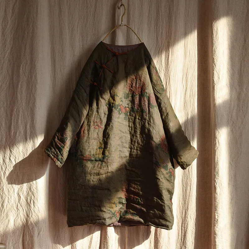 Women Ethnic Flower Linen Padded Long Coat