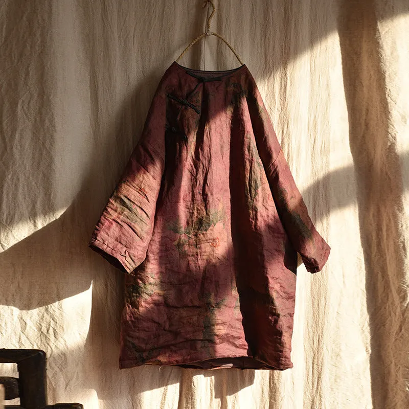 Women Ethnic Flower Linen Padded Long Coat