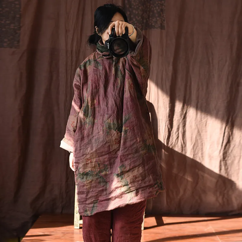 Women Ethnic Flower Linen Padded Long Coat