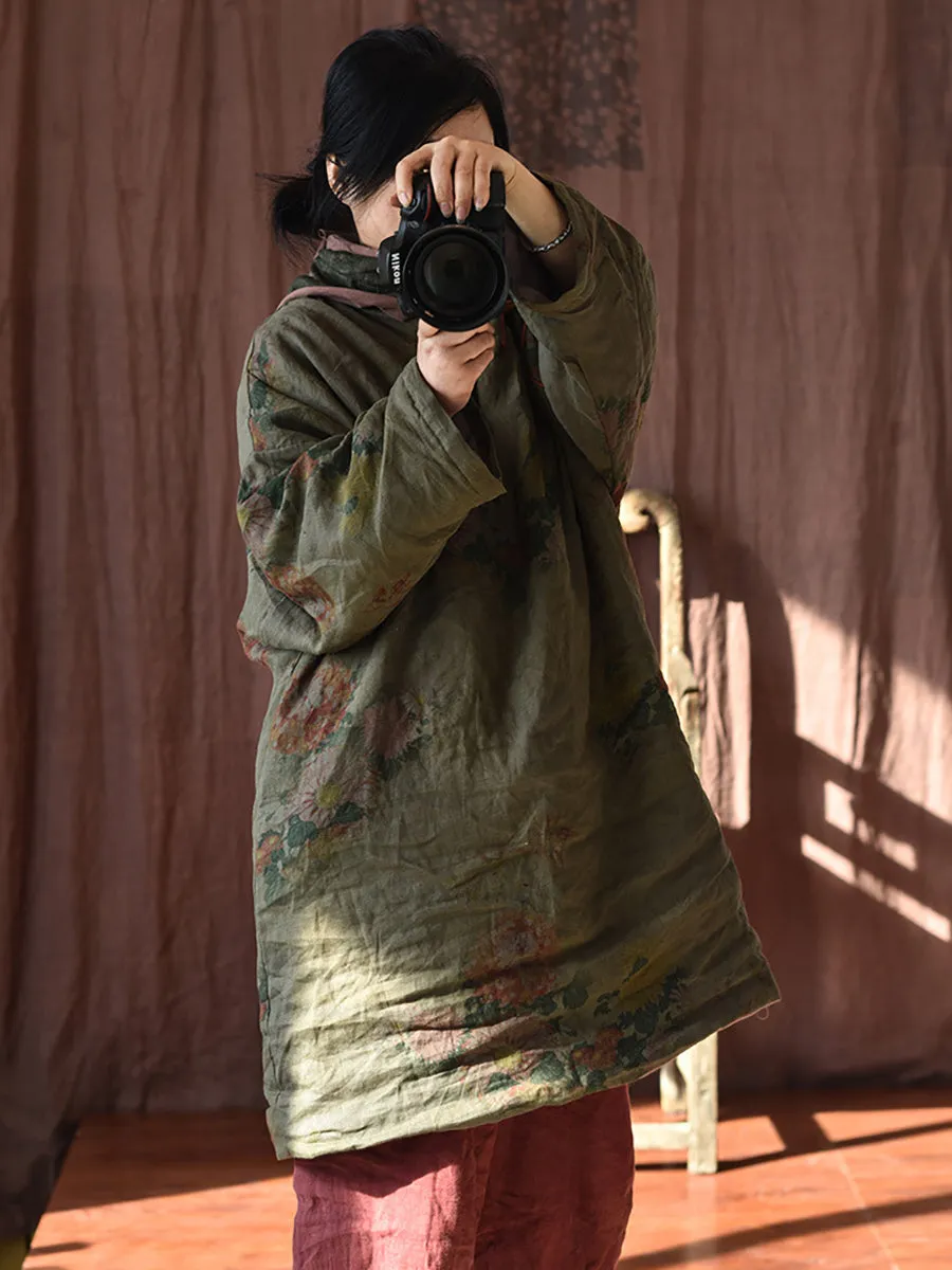 Women Ethnic Flower Linen Padded Long Coat