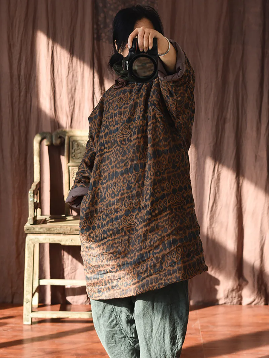 Women Ethnic Flower Linen Padded Long Coat
