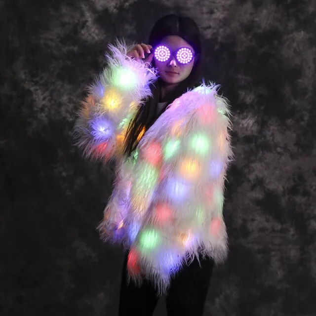 Women Faux Fur Furry Led Clothes Light Up Coat Vest Glowing Coats White Man Rave Party Wear Lights Party Luminous Costumes