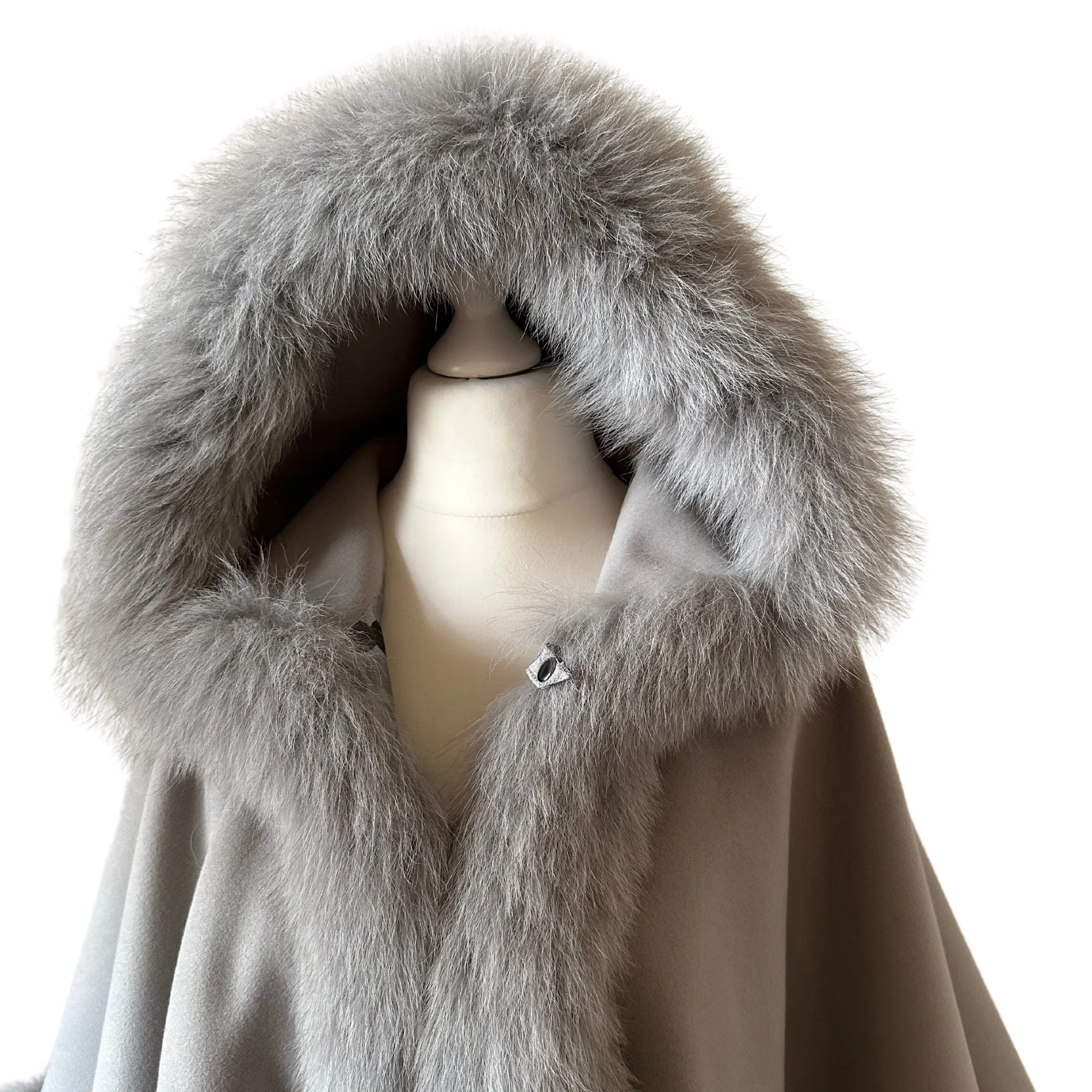 Women Grey Cape long with hood trim arctic fox fur