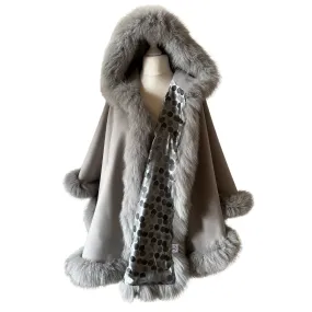 Women Grey Cape long with hood trim arctic fox fur