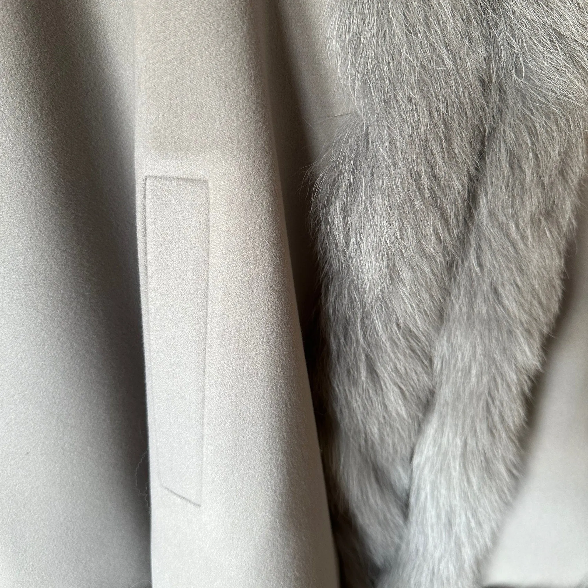 Women Grey Cape long with hood trim arctic fox fur