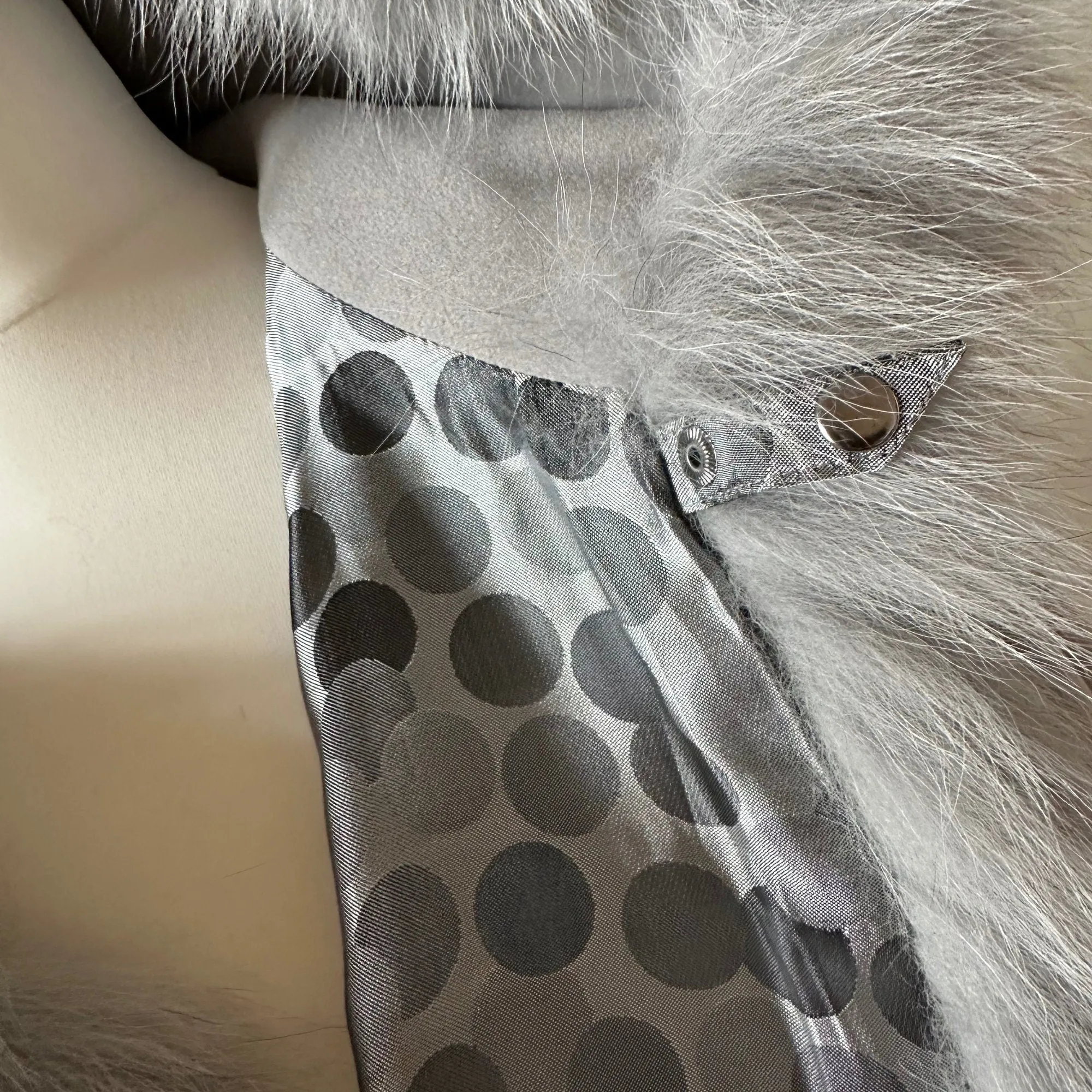 Women Grey Cape long with hood trim arctic fox fur
