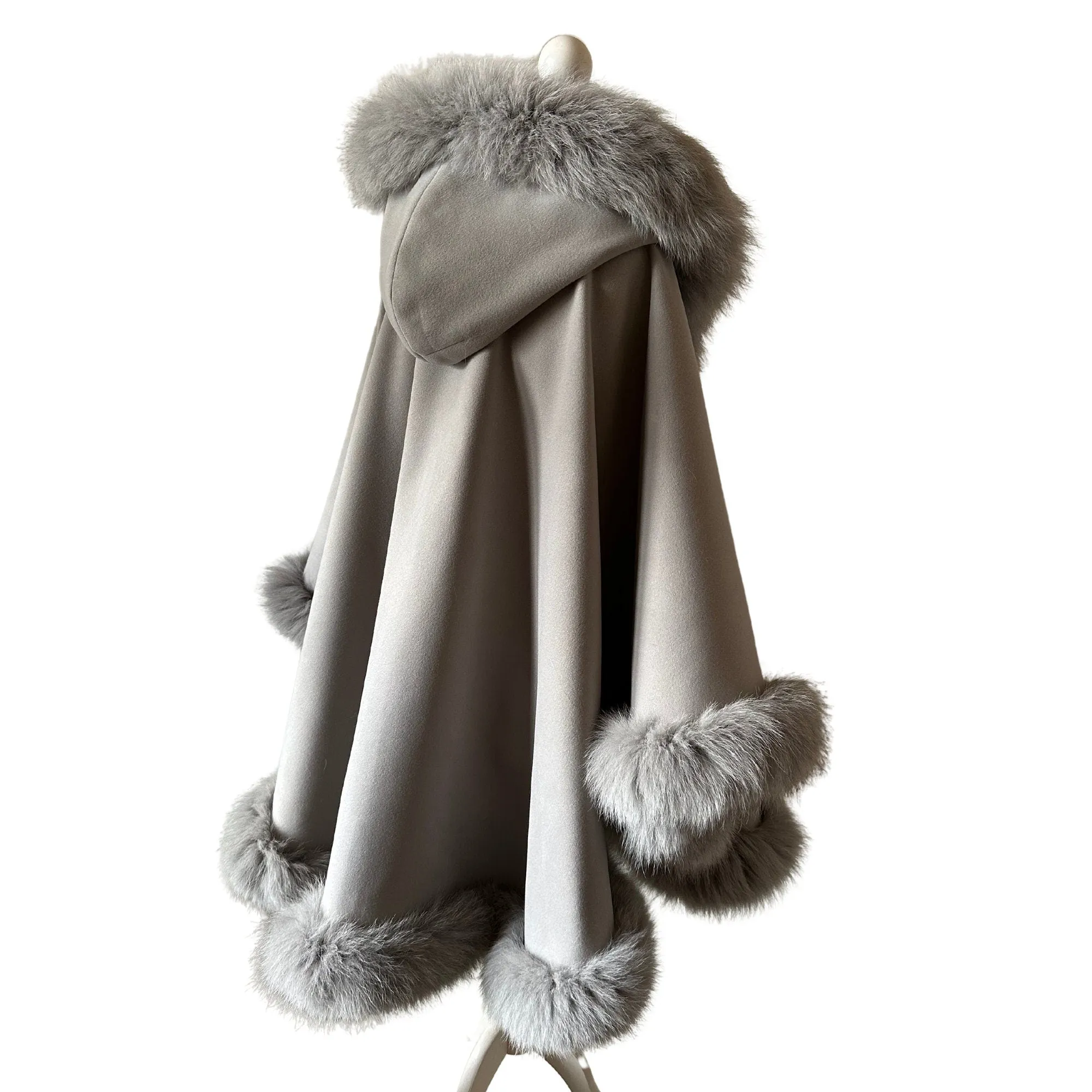 Women Grey Cape long with hood trim arctic fox fur