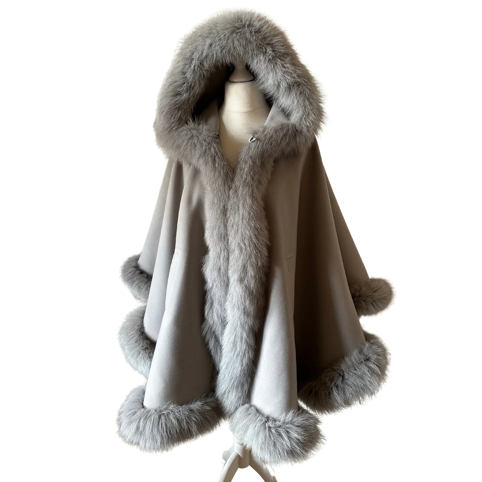 Women Grey Cape long with hood trim arctic fox fur