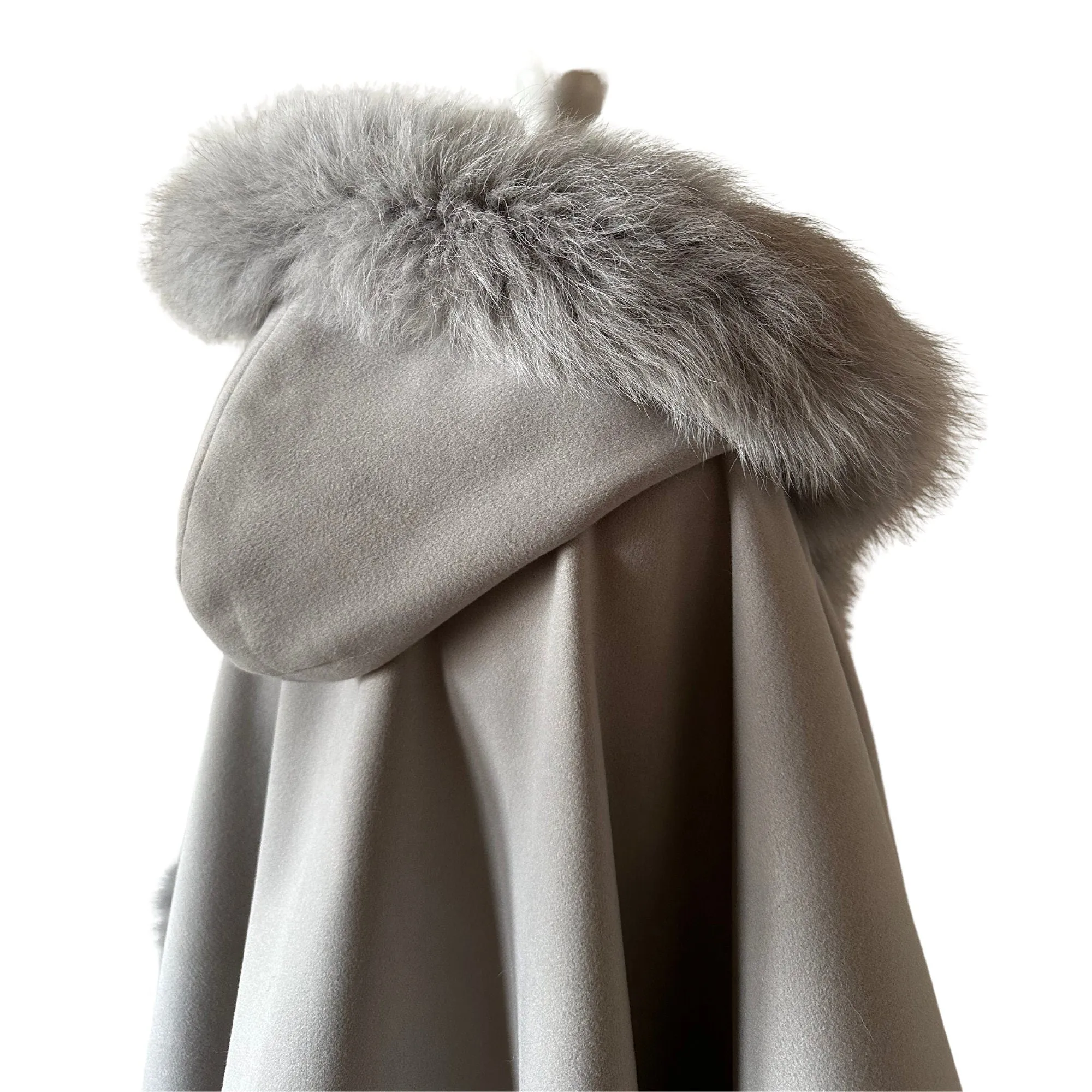 Women Grey Cape long with hood trim arctic fox fur