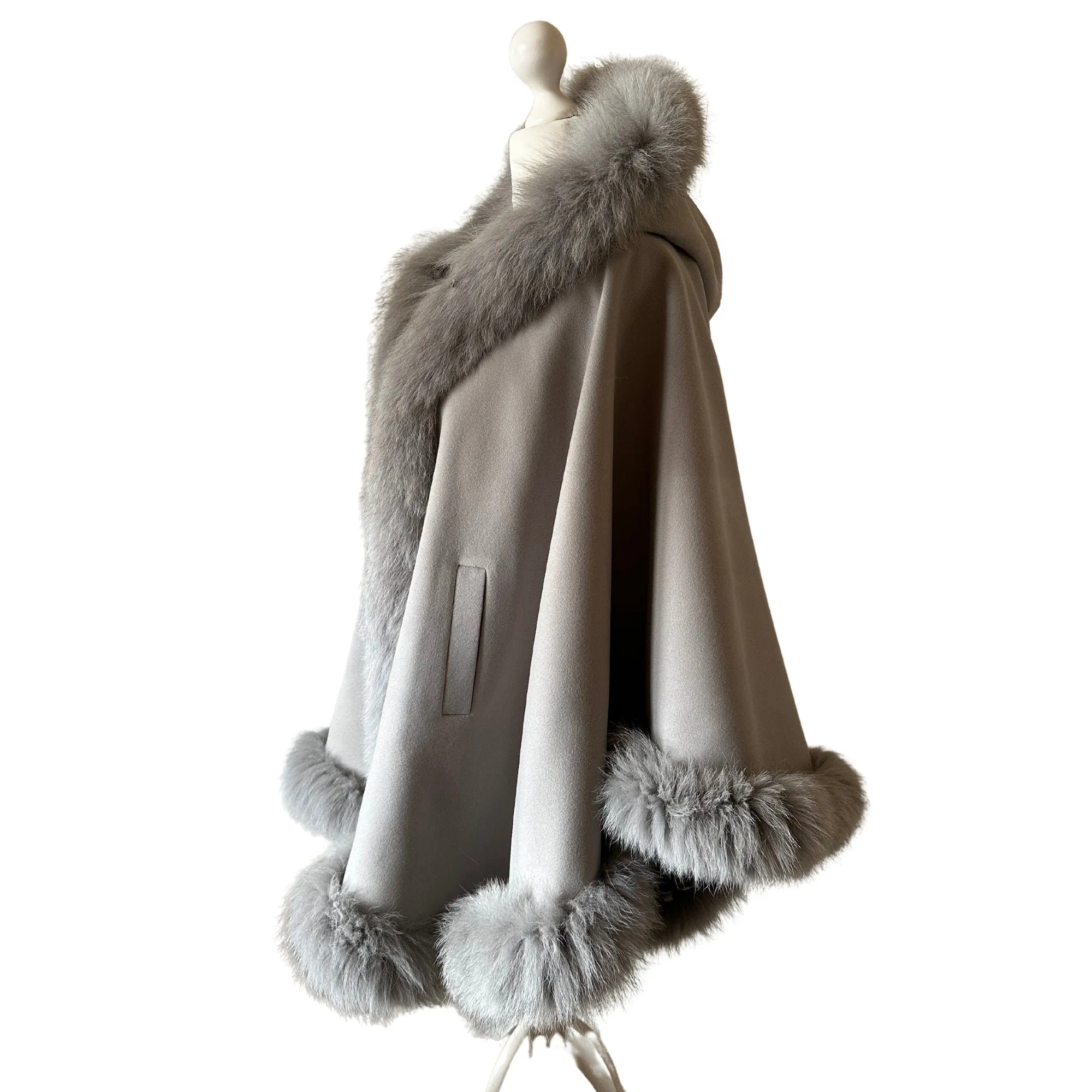 Women Grey Cape long with hood trim arctic fox fur