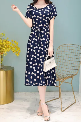 Women Pretty Above Knee Printed Patter Short Sleeve Round Neck Dress - WDC14833
