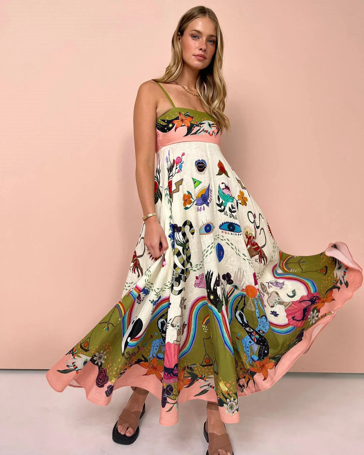 Women Spaghetti Strap Floral Print Linen Swing Dress