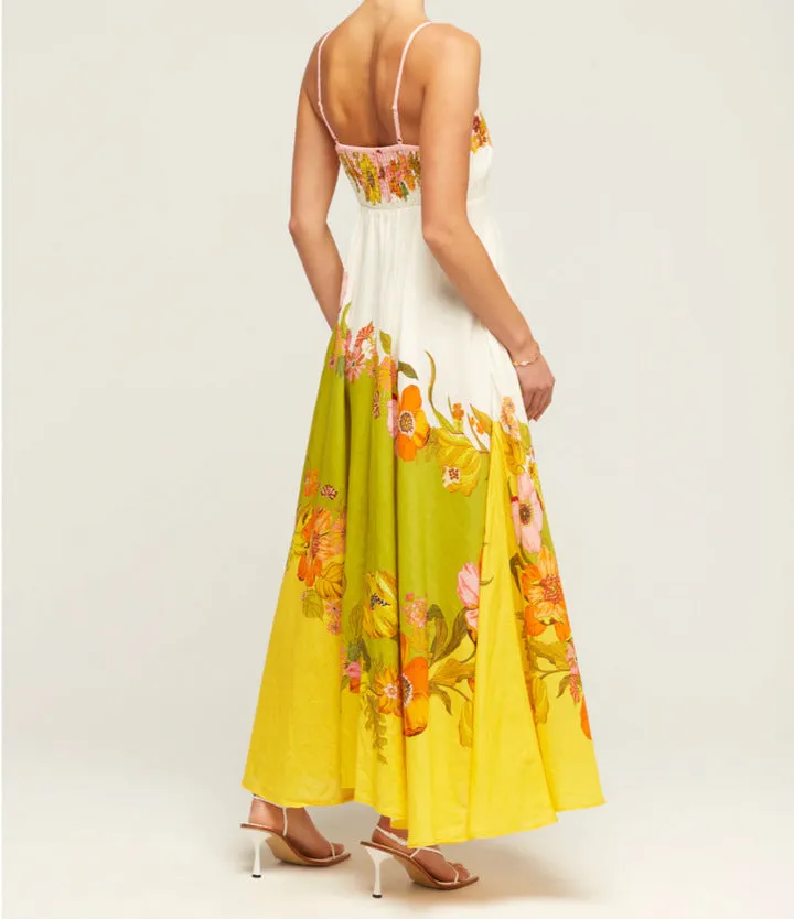 Women Spaghetti Strap Floral Print Linen Swing Dress