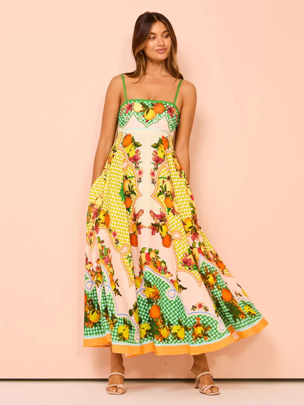 Women Spaghetti Strap Floral Print Linen Swing Dress