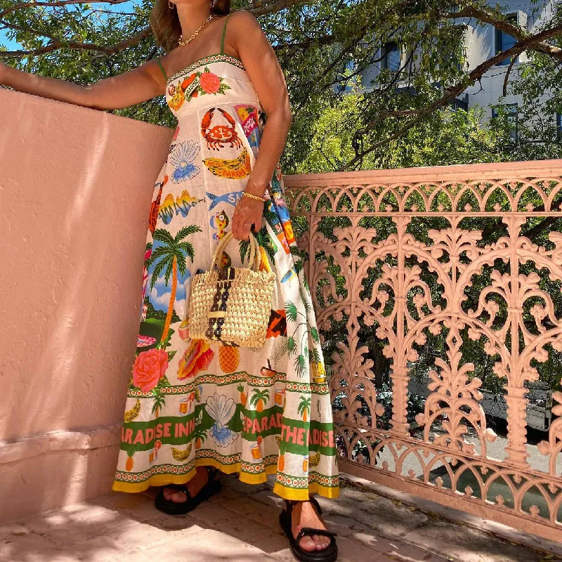 Women Spaghetti Strap Floral Print Linen Swing Dress