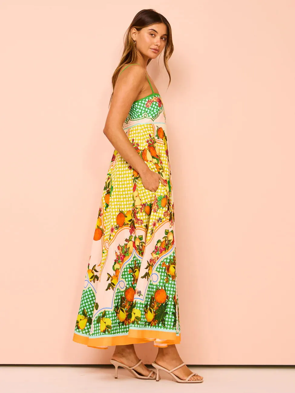 Women Spaghetti Strap Floral Print Linen Swing Dress
