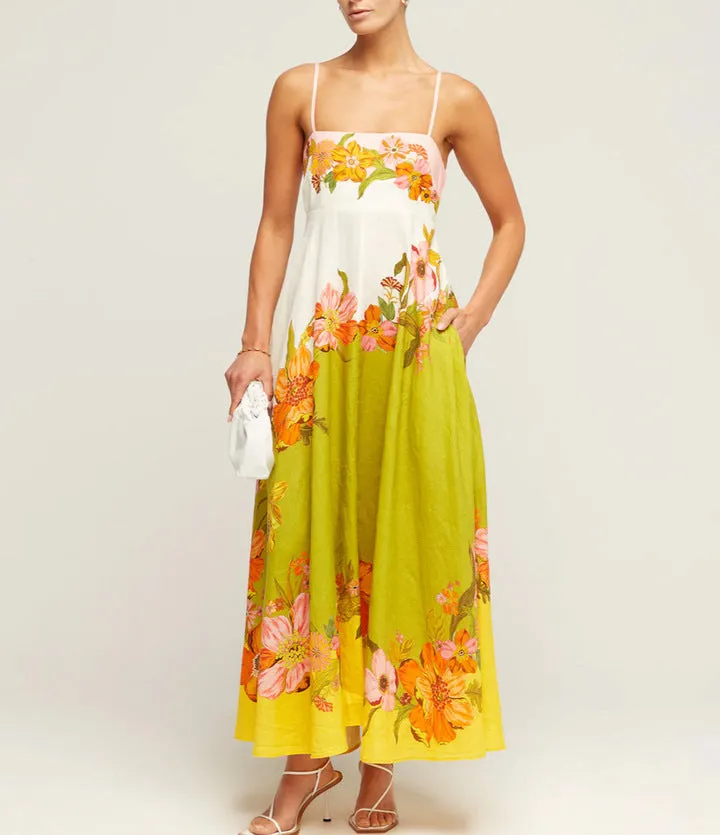 Women Spaghetti Strap Floral Print Linen Swing Dress