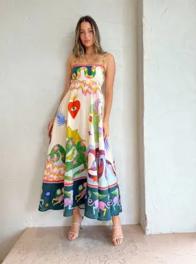 Women Spaghetti Strap Floral Print Linen Swing Dress